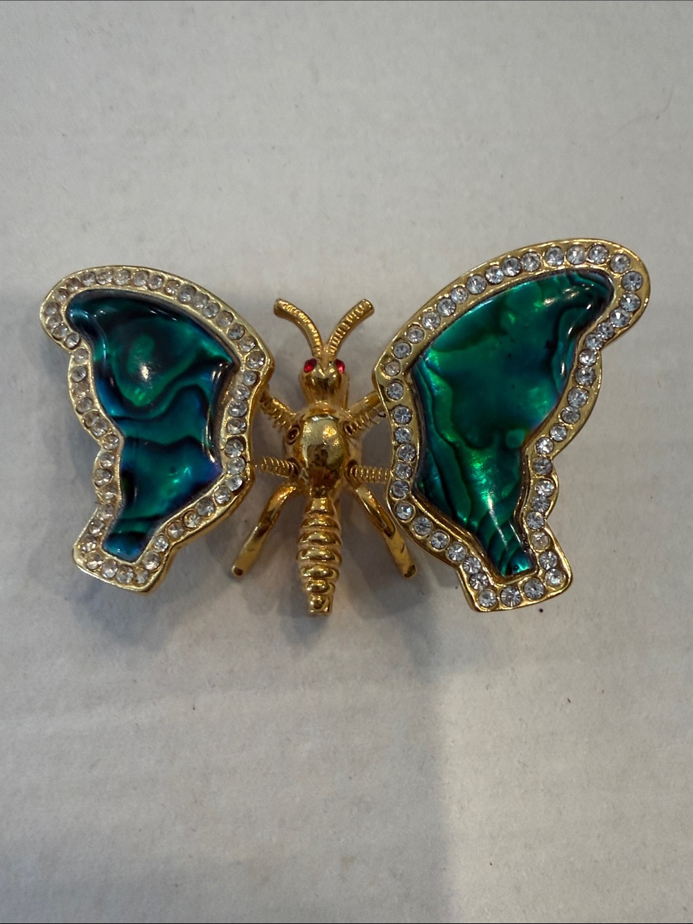 Vintage Gold Tone Butterfly Brooch with Trember Green Abalone Wings